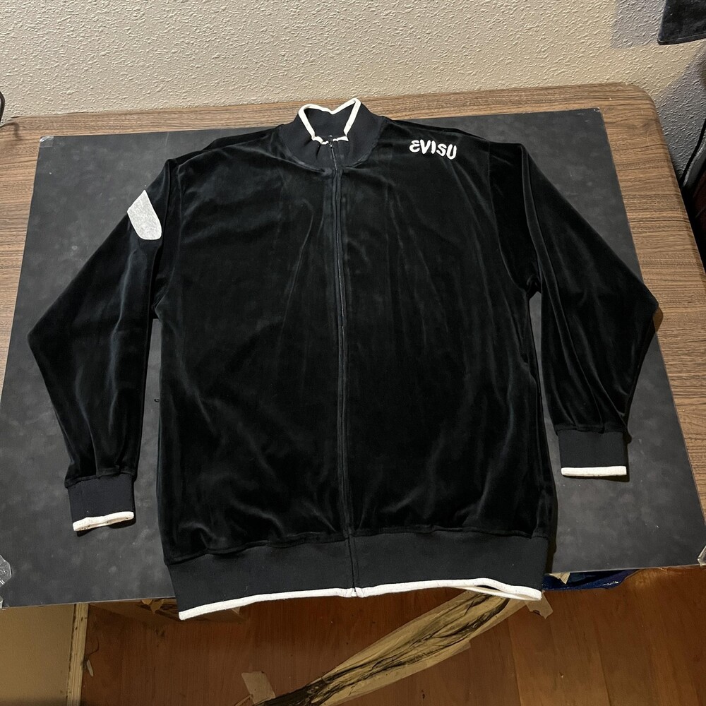 Evisu Track Jacket Mens Large Black Velour Full Zip Embroidered Buddha Logo